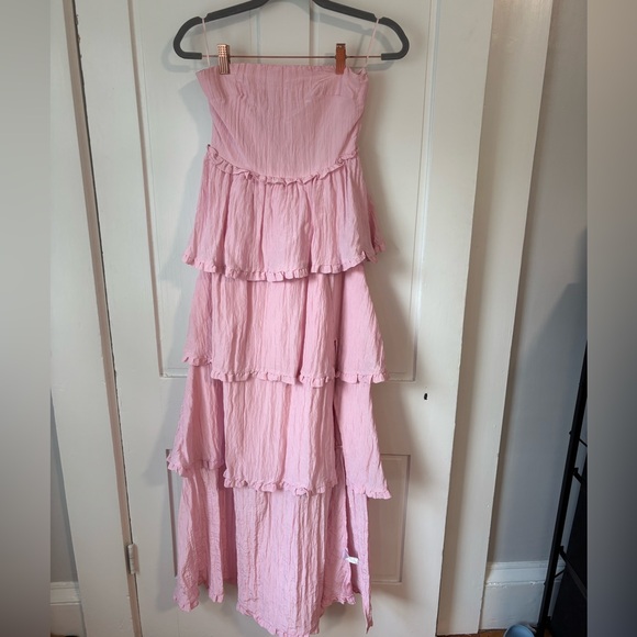 Chic Strapless Pink Tiered Midi Dress - Picture 2 of 5